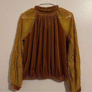 Free People Mustard Velvet and Lace Blouse
